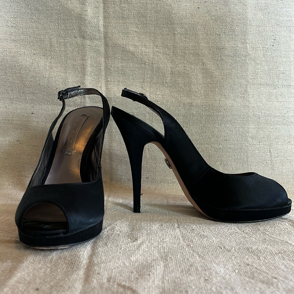 BCBGMAXAZRIA Black satin, back, peep toe pumps